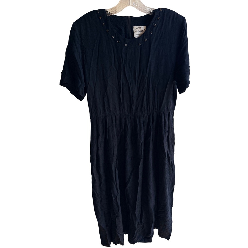 Vintage Country Wear Clothing Co Navy Blue Rayon Beaded Floral Midi Dress 12